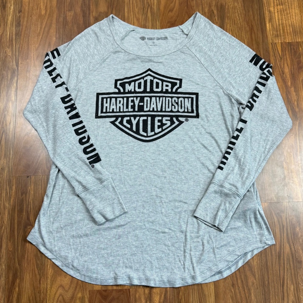 Harley-Davidson Womens 2XL Gray Ribbed Long Sleeve Graphic Tee Biker Top